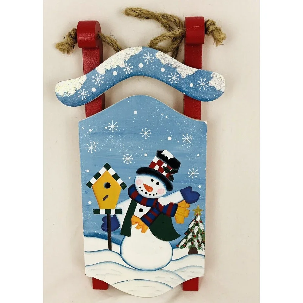 Christmas Wooden Hand Painted Sleigh With Hanger Snowman Winter Snow Decor
